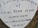 
Clem, son of Mr & Mrs A. NEUMANN,
7-5-42 - 25-8-42;
Ma Ma Creek Anglican Cemetery, Gatton shire
