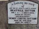 
Beatrice SUTTON, wife mother,
died 26 March 1950 aged 57 years;
Henry Curtis SUTTON, father,
died 29 Feb 1975 aged 80 years;
Ma Ma Creek Anglican Cemetery, Gatton shire
