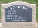 
Daphne Bernice STICKLEN (nee BOETTCHER),
born 29-8-1928 died 23-8-1997;
Ma Ma Creek Anglican Cemetery, Gatton shire
