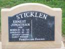 
Ernest Jonathan (Joe) STICKLEN,
born 29-12-65 died 5-10-01;
Ma Ma Creek Anglican Cemetery, Gatton shire
