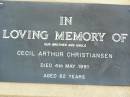 
Cecil Arthur CHRISTIANSEN, brother uncle,
died 4 May 1991 aged 82 years;
Ma Ma Creek Anglican Cemetery, Gatton shire

