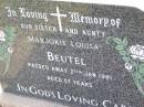 
Marjorie Louisa BEUTEL, sister aunty,
died 2 Jan 1981 aged 57 years;
Ma Ma Creek Anglican Cemetery, Gatton Shire
