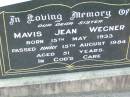 
Mavis Jean WEGNER, sister,
died 15 Aug 1984 aged 51 years;
Ma Ma Creek Anglican Cemetery, Gatton shire
