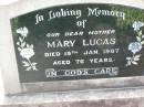 
Mary LUCAS, mother,
died 19 Jan 1967 aged 76 years;
Ma Ma Creek Anglican Cemetery, Gatton shire
