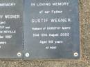 
Dorothy Mary WEGNER (nee VOGLER),
wife of Gustif,
mother of Inez & Neville,
died 8 Nov 1997 aged 102 years;
Gustif WEGNER,
husband of Dorothy Mary, father,
died 12 Aug 2002 aged 89 years;
Ma Ma Creek Anglican Cemetery, Gatton shire
