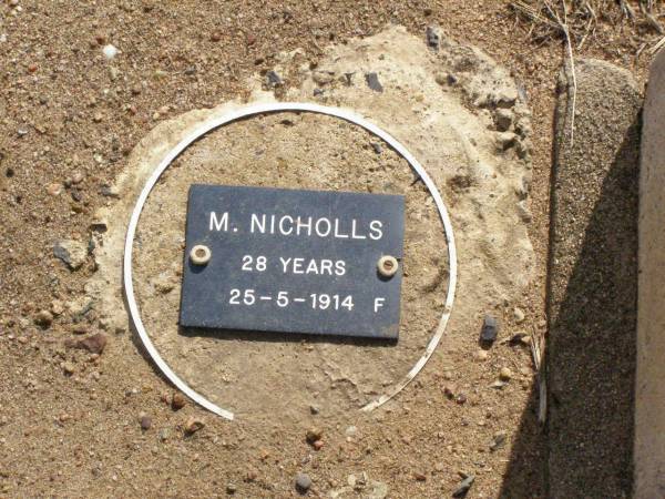 M. NICHOLLS, female,  | died 25-5-1914 aged 28 years;  | Ma Ma Creek Anglican Cemetery, Gatton shire  | 