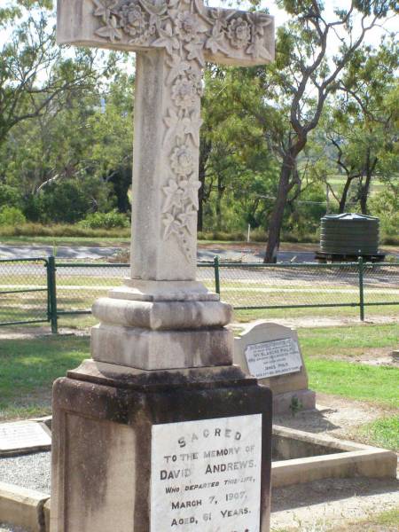 David ANDREWS,  | died 7 March 1907 aged 61 years,  | erected by wife & children;  | Fleurine E. ANDREWS,  | died 13 Dec 1938 aged 80 years;  | Ma Ma Creek Anglican Cemetery, Gatton shire  | 