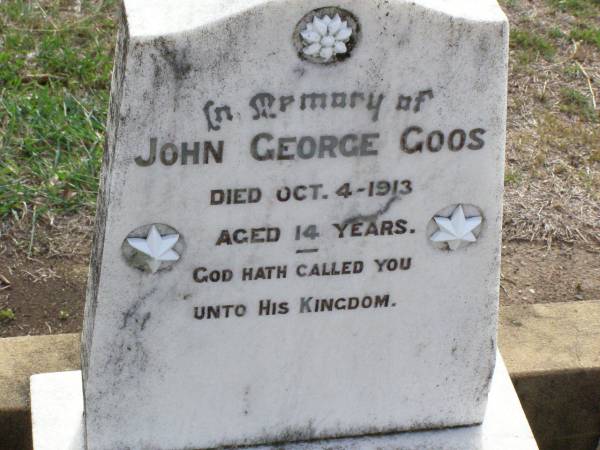 John George GOOS,  | died 4 Oct 1913 aged 14 years;  | Ma Ma Creek Anglican Cemetery, Gatton shire  | 