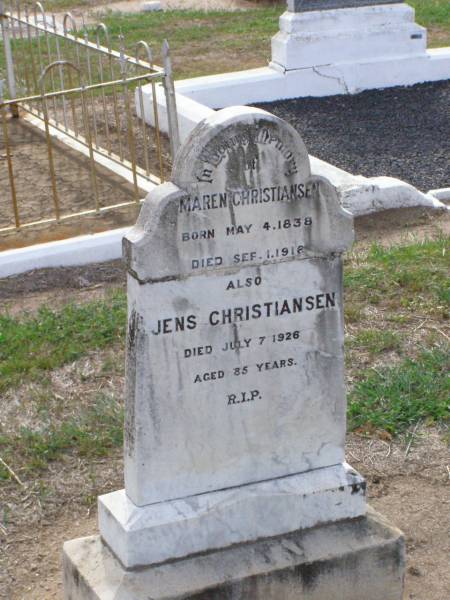 Maren CHRISTIANSEN,  | born 4 May 1838,  | died 1 Sept 1916;  | Jens CHRISTIANSEN,  | died 7 July 1926 aged 85 years;  | Ma Ma Creek Anglican Cemetery, Gatton shire  | 