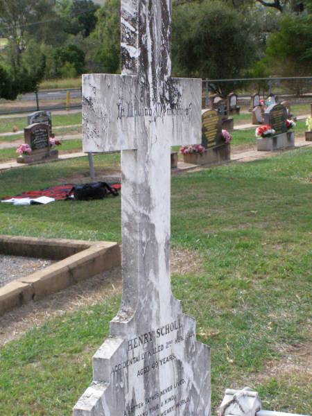 Henry SCHOLL, father,  | accidentally killed 2 Nov 1921 aged 49 years;  | Eva Clara Wilhelmine SCHOLL,  | died 28 Oct 1968 aged 86 years;  | Ma Ma Creek Anglican Cemetery, Gatton shire  | 