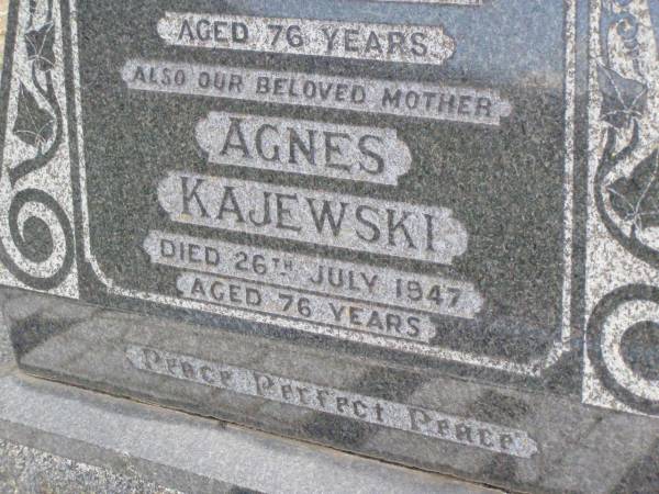 Ferdinand A. KAJEWSKI, husband father,  | died 21 Sept 1939 aged 76 years;  | Agnes KAJEWSKI, mother,  | died 26 July 1947 aged 76 years;  | Ma Ma Creek Anglican Cemetery, Gatton shire  | 