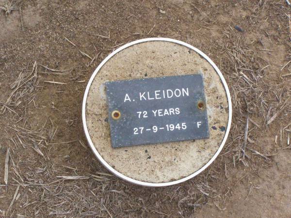 A. KLEIDON, female,  | died 27-9-1945 aged 72 years;  | Ma Ma Creek Anglican Cemetery, Gatton shire  | 