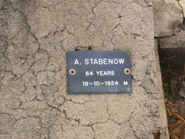 A. STABENOW, male,  | died 19-10-1924 aged 64 years;  | M. STABENOW, female,  | died 13-7-1946 aged 85 years;  | Ma Ma Creek Anglican Cemetery, Gatton shire  | 