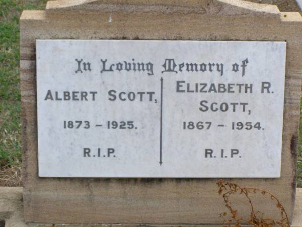 Albert SCOTT,  | 1873 - 1925;  | Elizabeth R. SCOTT,  | 1867 - 1954;  | Ma Ma Creek Anglican Cemetery, Gatton shire  | 