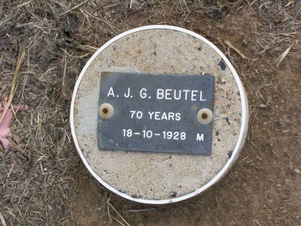 A.J.G. Beutel, male,  | died 18-10-1928 aged 70 years;  | Ma Ma Creek Anglican Cemetery, Gatton shire  | 