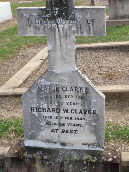 Marie CLARKE,  | died 12 Sept 1926 aged 55 years;  | Richard W. CLARKE,  | died 16 Feb 1949 aged 92 years;  | Ma Ma Creek Anglican Cemetery, Gatton shire  | 