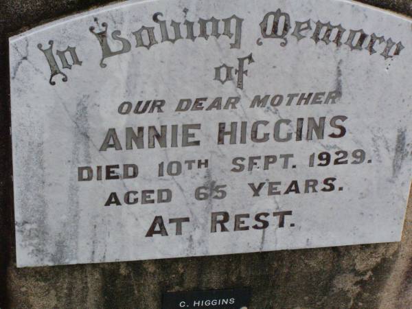 Annie HIGGINS, mother,  | died 10 Sept 1929 aged 65 years;  | C. HIGGINS, male,  | died 22-8-1927 aged 84 years;  | Ma Ma Creek Anglican Cemetery, Gatton shire  | 