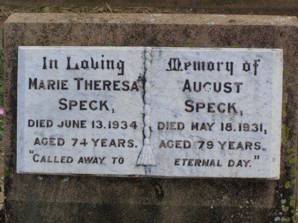 Marie Theresa SPECK,  | died 13 June 1934 aged 74 years;  | August SPECK,  | died 18 May 1931 aged 79 years;  | Ma Ma Creek Anglican Cemetery, Gatton shire  | 