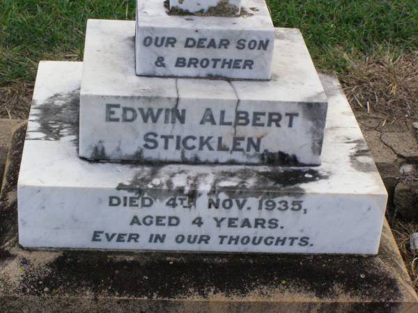 Edwin Albert STICKLEN, son brother,  | died 4 Nov 1935 aged 4 years;  | Hilda May STICKLEN, daughter sister aunt,  | died 24 Nov 1939 aged 51 years;  | William Alban STICKLEN, husband father,  | died 11 May 1936 aged 77 years;  | Charlotte Elizabeth STICKLEN, mother,  | died 21 May 1949 aged 86 years;  | Martha Florence CUMING, aunt,  | died 7 Aug 1938 aged 89 years;  | Ma Ma Creek Anglican Cemetery, Gatton shire  | 