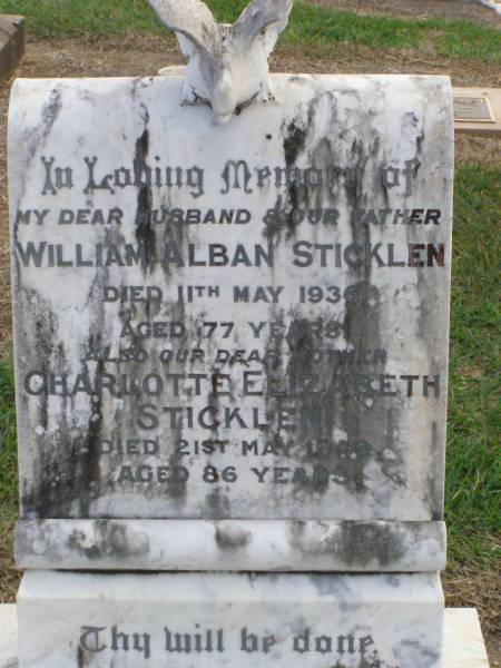 Edwin Albert STICKLEN, son brother,  | died 4 Nov 1935 aged 4 years;  | Hilda May STICKLEN, daughter sister aunt,  | died 24 Nov 1939 aged 51 years;  | William Alban STICKLEN, husband father,  | died 11 May 1936 aged 77 years;  | Charlotte Elizabeth STICKLEN, mother,  | died 21 May 1949 aged 86 years;  | Martha Florence CUMING, aunt,  | died 7 Aug 1938 aged 89 years;  | Ma Ma Creek Anglican Cemetery, Gatton shire  | 