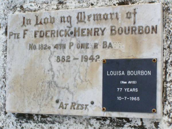 Frederick Henry BOURBON,  | 1882 - 1942;  | Louisa BOURBON (nee AVIS),  | died 10-7-1965 aged 77 years;  | Ma Ma Creek Anglican Cemetery, Gatton shire  | 
