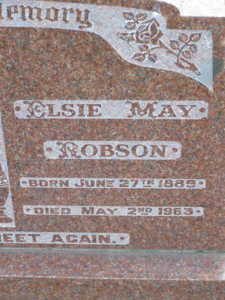 Edgar Robert ROBSON,  | born 15 Feb 1885 died 2 April 1974;  | Elsie May ROBSON,  | born 27 June 1889 died 2 May 1963;  | Ma Ma Creek Anglican Cemetery, Gatton shire  | 