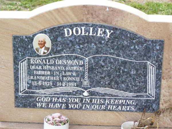Ronald Desmond (Ronnie) DOLLEY,  | husband father father-in-law grandfather,  | 13-6-1929 - 14-2-1994;  | Ma Ma Creek Anglican Cemetery, Gatton shire  | 