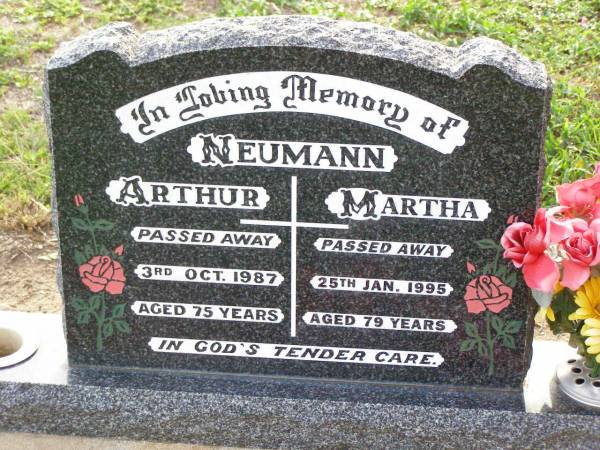 Arthur NEUMANN,  | died 3 Oct 1987 aged 75 years;  | Martha NEUMANN,  | died 25 Jan 1995 aged 79 years;  | Ma Ma Creek Anglican Cemetery, Gatton shire  | 
