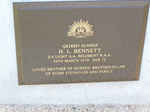 H.L. BENNETT,  | died 29 March 1979 aged 72 years,  | brother of Doreen,  | brother-in-law of Norm STEHHOUSE;  | Ma Ma Creek Anglican Cemetery, Gatton shire  | 