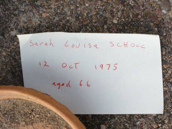 Sarah Louisa SCHOLL, sister aunt,  | died 12 Oct 1975 aged 66 years;  | Ma Ma Creek Anglican Cemetery, Gatton shire  | 