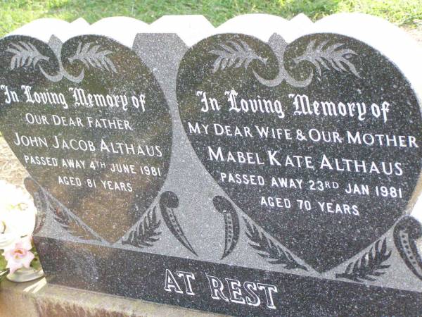 John Jacob ALTHAUS, father,  | died 4 June 1981 aged 81 years;  | Mabel Kate ALTHAUS, wife mother,  | died 23 Jan 1981 aged 70 years;  | Ma Ma Creek Anglican Cemetery, Gatton shire  | 