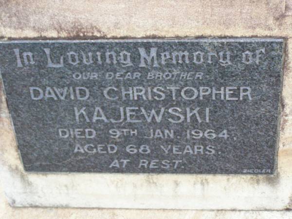 David Christopher KAJEWSKI, brother,  | died 9 Jan 1964 aged 68 years;  | Ma Ma Creek Anglican Cemetery, Gatton shire  | 