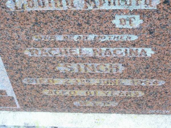 Rachel Nagina SINGH, mother,  | died 23 June 1964 aged 81 years;  | Ma Ma Creek Anglican Cemetery, Gatton shire  | 