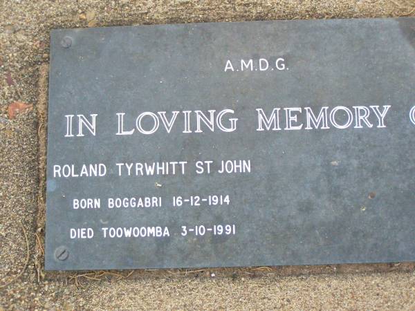 Roland Tyrwhitt ST JOHN,  | born Boggabri 16-12-1914  | died Toowoomba 3-10-1991;  | Ma Ma Creek Anglican Cemetery, Gatton shire  | 