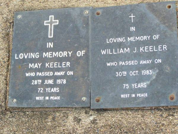 May KEELER,  | died 28 June 1978 aged 72 years;  | William J. KEELER,  | died 30 Oct 1983 aged 75 years;  | Ma Ma Creek Anglican Cemetery, Gatton shire  | 