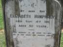
Elizabeth HUMPHREY, wife,
died 4 Sept 1911 aged 30 years;
Maclean cemetery, Beaudesert Shire
