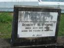 
Robert W. WYNNE, husband father,
died 25 Nov 1938 aged 56 years 10 months;
Maclean cemetery, Beaudesert Shire
