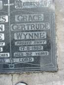 
Charles Logan WYNNE,
died 19-4-1986 aged 95 years;
Grace Gertrude WYNNE,
died 17-8-1982 aged 92 years;
Maclean cemetery, Beaudesert Shire
