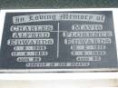 
Charled Alfred EDWARDS,
1-9-1906 - 17-4-1993 aged 86;
Mavis Florence EDWARDS,
10-2-1915 - 3-6-1995 aged 80;
Maclean cemetery, Beaudesert Shire
