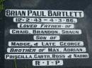 
Brian Paul BARTLETT,
12-2-43 - 4-3-86,
father of Craig, Brandon, Shaun,
son of Madge & late George,
brother of Max, Adrian, Priscilla,
Garth, Ross & Naomi;
Maclean cemetery, Beaudesert Shire
