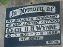 
Cecil D.H. WYNNE,
husband father,
30-5-1905 - 7-6-1990;
Maclean cemetery, Beaudesert Shire
