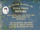 
Eliza Tiripa MOORE,
12 April 1941 - 5 Sept 2001,
wife of Maxwell,
mother nanna great-nanna mother-in-law;
Maclean cemetery, Beaudesert Shire
