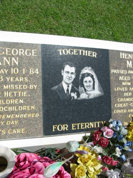 Basil George MANN,  | died 19-1-84 aged 58 years,  | wife Hettie;  | Henrietta MANN,  | died 28-6-95 aged 69 years,  | missed by children grandchildren great-grandchildren;  | Maclean cemetery, Beaudesert Shire  | 