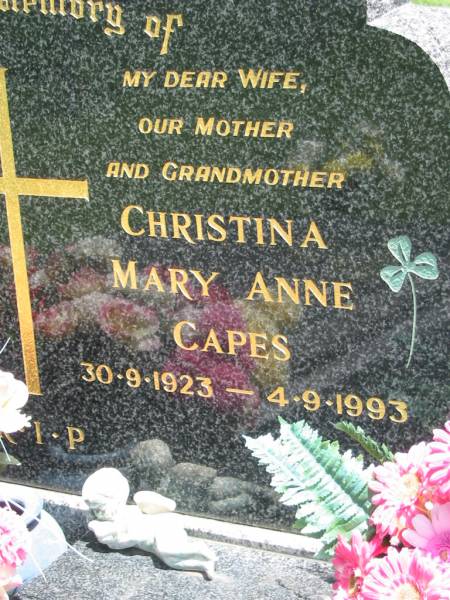 Christina Mary Anne CAPES,  | wife mother grandmother,  | 30-9-1923 - 4-9-11993;  | Maclean cemetery, Beaudesert Shire  | 