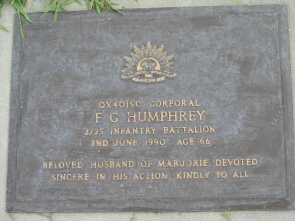E.G. HUMPHREY,  | died 2 June 1990 aged 66,  | husband of Marjorie;  | Maclean cemetery, Beaudesert Shire  | 