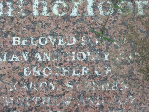 Charl Alan Houson RUTHERFOORD,  | son Alan & Holly,  | brother of Karen & Stephen,  | born 28-9-1972  | died 10-2-1995;  | Maclean cemetery, Beaudesert Shire  | 