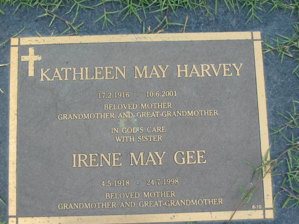 Kathleen May HARVEY,  | 17-2-1916 - 10-6-2001,  | mother grandmother great-grandmother;  | Irene May GEE, sister,  | 4-5-1918 - 24-7-1998,  | mother grandmother great-grandmother;  | Maclean cemetery, Beaudesert Shire  | 