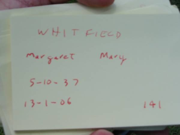 WHITFIELD, Margaret Mary,  | 5-10-37 - 13-1-06;  | Maclean cemetery, Beaudesert Shire  | 