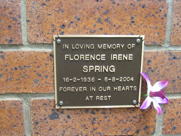 Florence Irene SPRING,  | 16-2-1936 - 5-8-2004;  | Maclean cemetery, Beaudesert Shire  | 