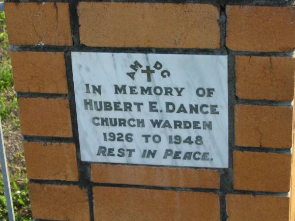 Hubert E. DANCE, Church warden 1926-1948;  | Marburg Anglican Cemetery, Ipswich  | 